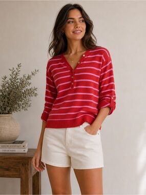 LOFT Red and Pink Striped Henley Top
